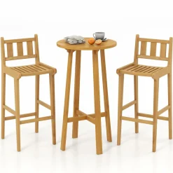 Tangkula 3 Piece Patio Bar Set, Teak Wood Bistro Furniture with Footrest
