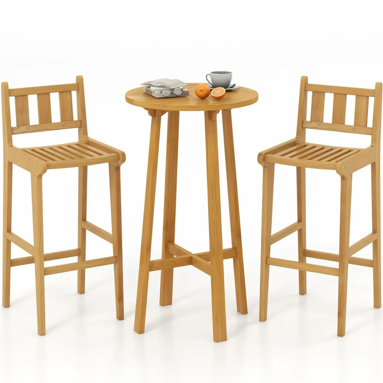 Tangkula 3 Piece Patio Bar Set, Teak Wood Bistro Furniture with Footrest