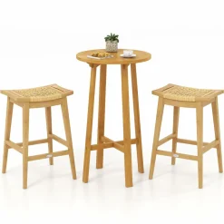 Tangkula 3 Piece Patio Bar Set, Teak Wood Bistro Furniture with Footrest, Round Cocktail Table with 2 Rattan Saddle Stools