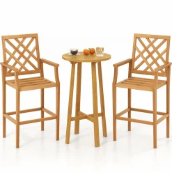 Tangkula 3 Piece Patio Bar Set, Teak Wood Bistro Furniture with Backrest, Armrests & Footrest
