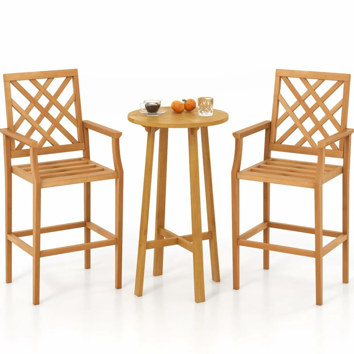 Tangkula 3 Piece Patio Bar Set, Teak Wood Bistro Furniture with Backrest, Armrests & Footrest