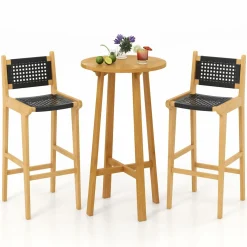 Tangkula 3 Piece Patio Bar Set, Teak Wood Bistro Furniture with Footrest, Round Cocktail Table with 2 Armless Rattan Bar Stools