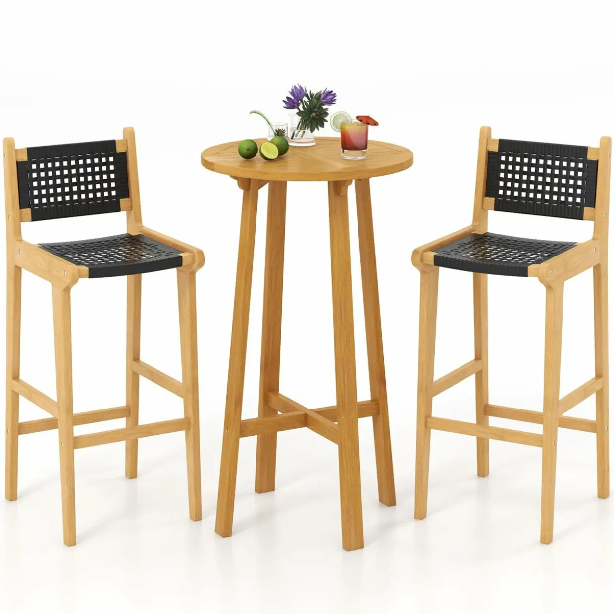 Tangkula 3 Piece Patio Bar Set, Teak Wood Bistro Furniture with Footrest, Round Cocktail Table with 2 Armless Rattan Bar Stools
