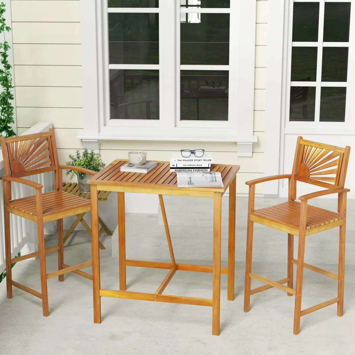 Tangkula 3 Piece Patio Bar Table & Chairs, Outdoor Acacia Wood Bar Set w/Slatted Seat & Tabletop