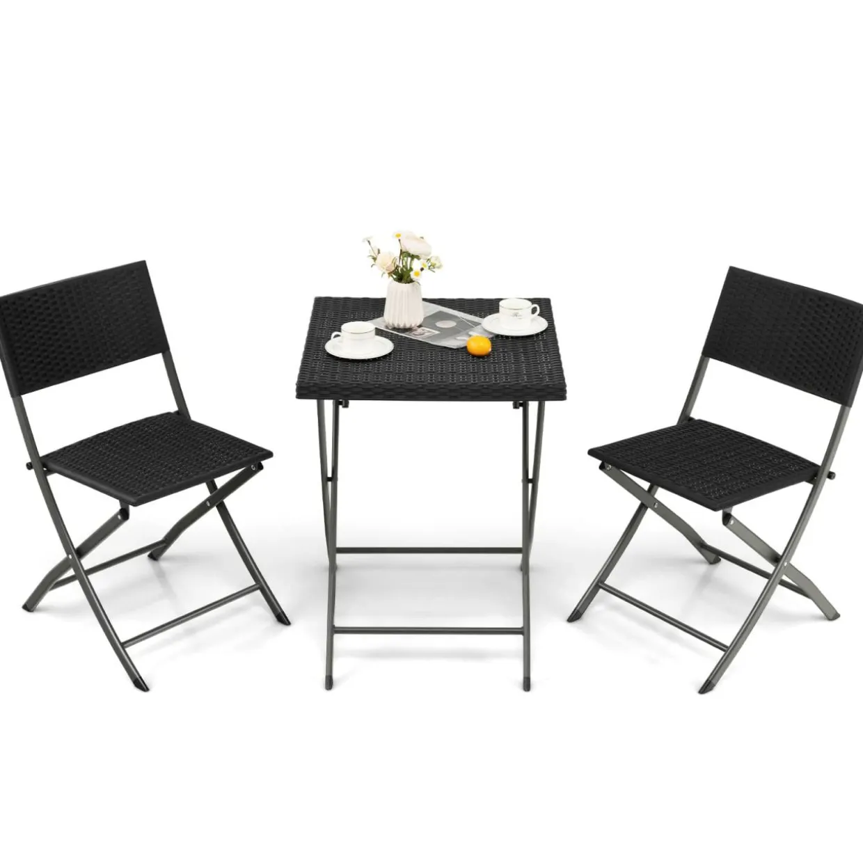Tangkula 3 Piece Patio Bistro Set, Folding Wicker Chairs & Table Set