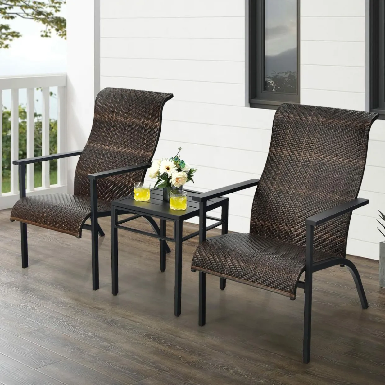 Tangkula 3 Piece Patio Bistro Furniture Set, PE Rattan Chairs with Coffee Table