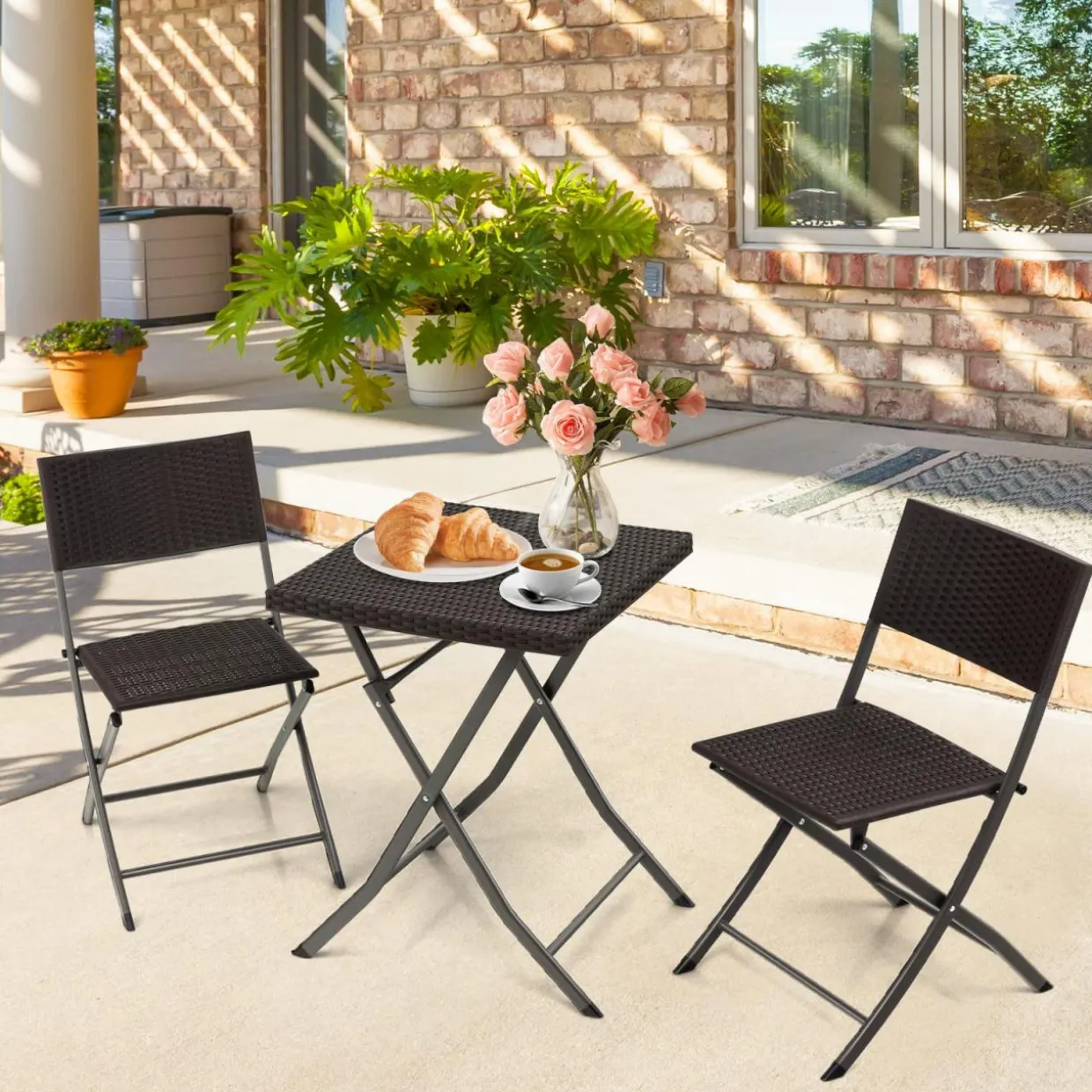 Tangkula 3 Piece Patio Bistro Set, Folding Wicker Chairs & Table Set