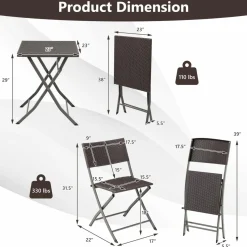 Tangkula 3 Piece Patio Bistro Set, Folding Wicker Chairs & Table Set