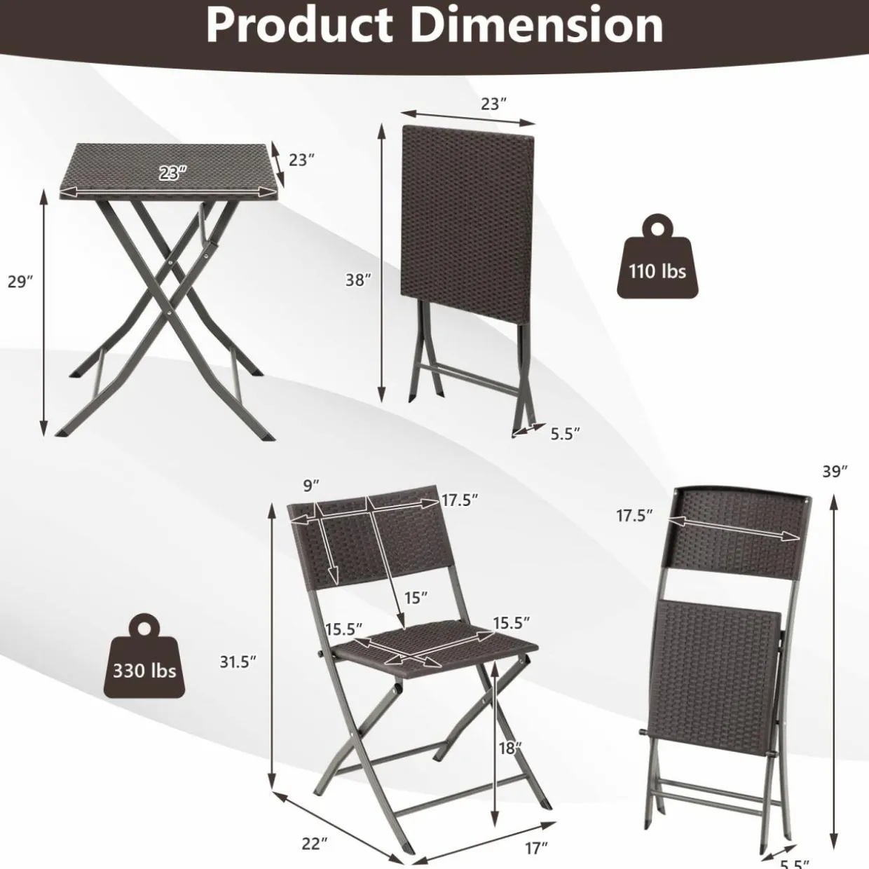 Tangkula 3 Piece Patio Bistro Set, Folding Wicker Chairs & Table Set