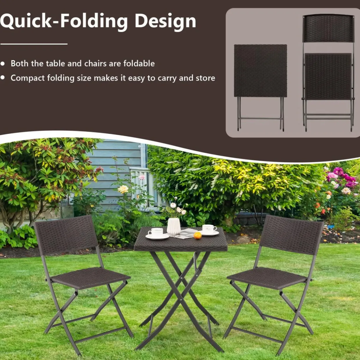 Tangkula 3 Piece Patio Bistro Set, Folding Wicker Chairs & Table Set