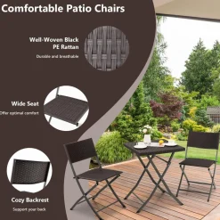 Tangkula 3 Piece Patio Bistro Set, Folding Wicker Chairs & Table Set