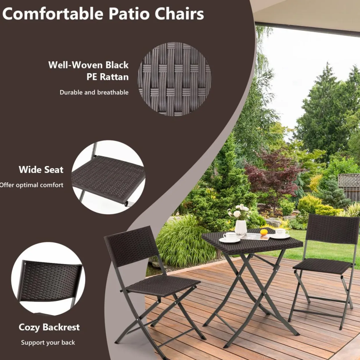 Tangkula 3 Piece Patio Bistro Set, Folding Wicker Chairs & Table Set