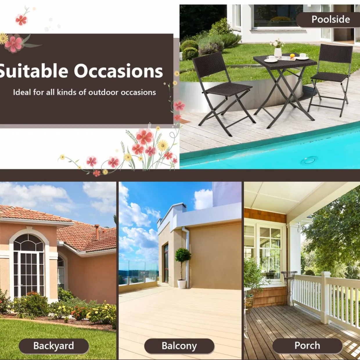 Tangkula 3 Piece Patio Bistro Set, Folding Wicker Chairs & Table Set