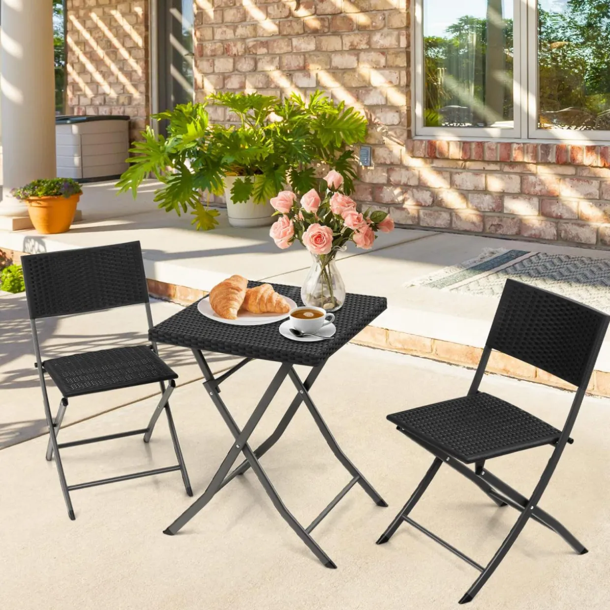 Tangkula 3 Piece Patio Bistro Set, Folding Wicker Chairs & Table Set