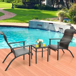 Tangkula 3 Piece Patio Bistro Furniture Set, PE Rattan Chairs with Coffee Table