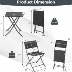 Tangkula 3 Piece Patio Bistro Set, Folding Wicker Chairs & Table Set