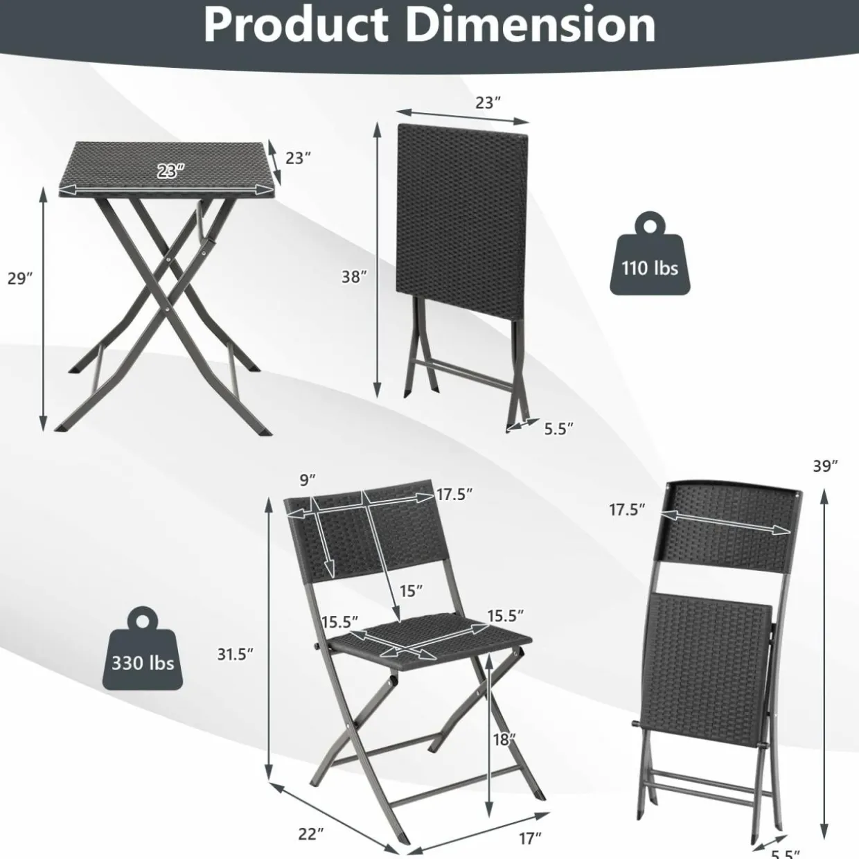 Tangkula 3 Piece Patio Bistro Set, Folding Wicker Chairs & Table Set
