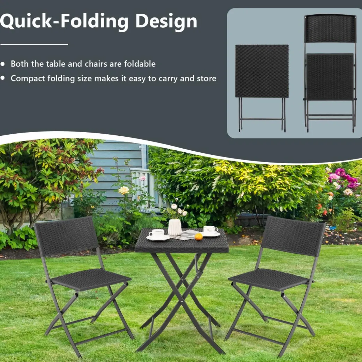 Tangkula 3 Piece Patio Bistro Set, Folding Wicker Chairs & Table Set