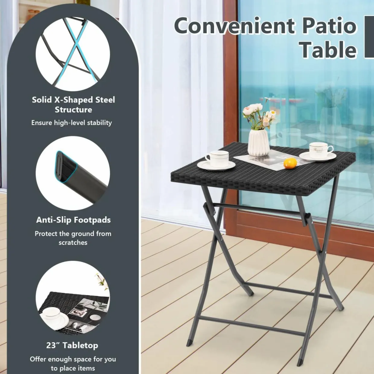 Tangkula 3 Piece Patio Bistro Set, Folding Wicker Chairs & Table Set