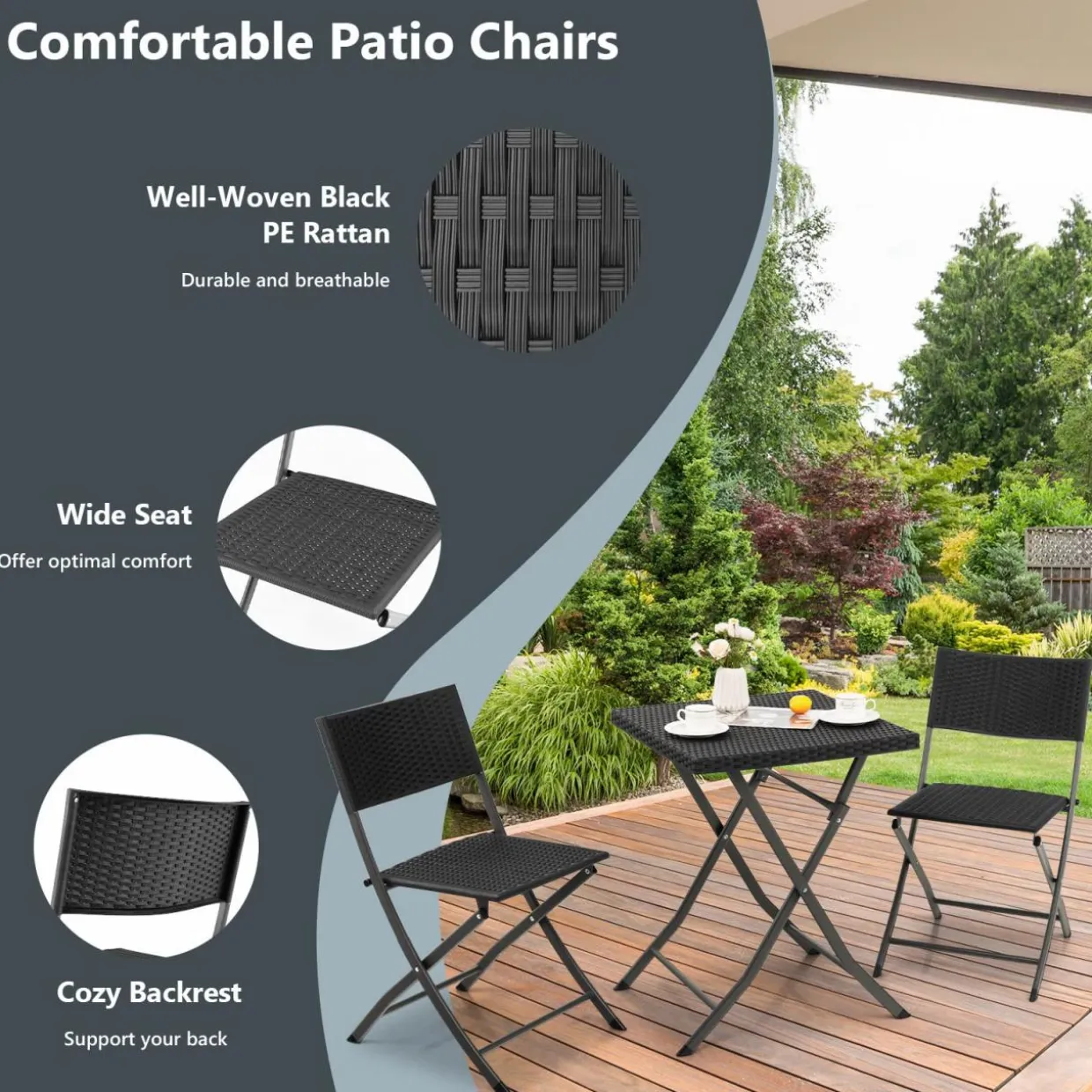 Tangkula 3 Piece Patio Bistro Set, Folding Wicker Chairs & Table Set