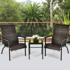Tangkula 3 Piece Patio Bistro Furniture Set, PE Rattan Chairs with Coffee Table