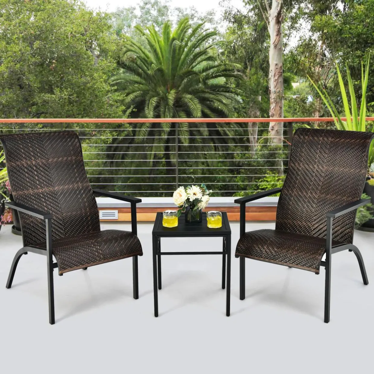 Tangkula 3 Piece Patio Bistro Furniture Set, PE Rattan Chairs with Coffee Table