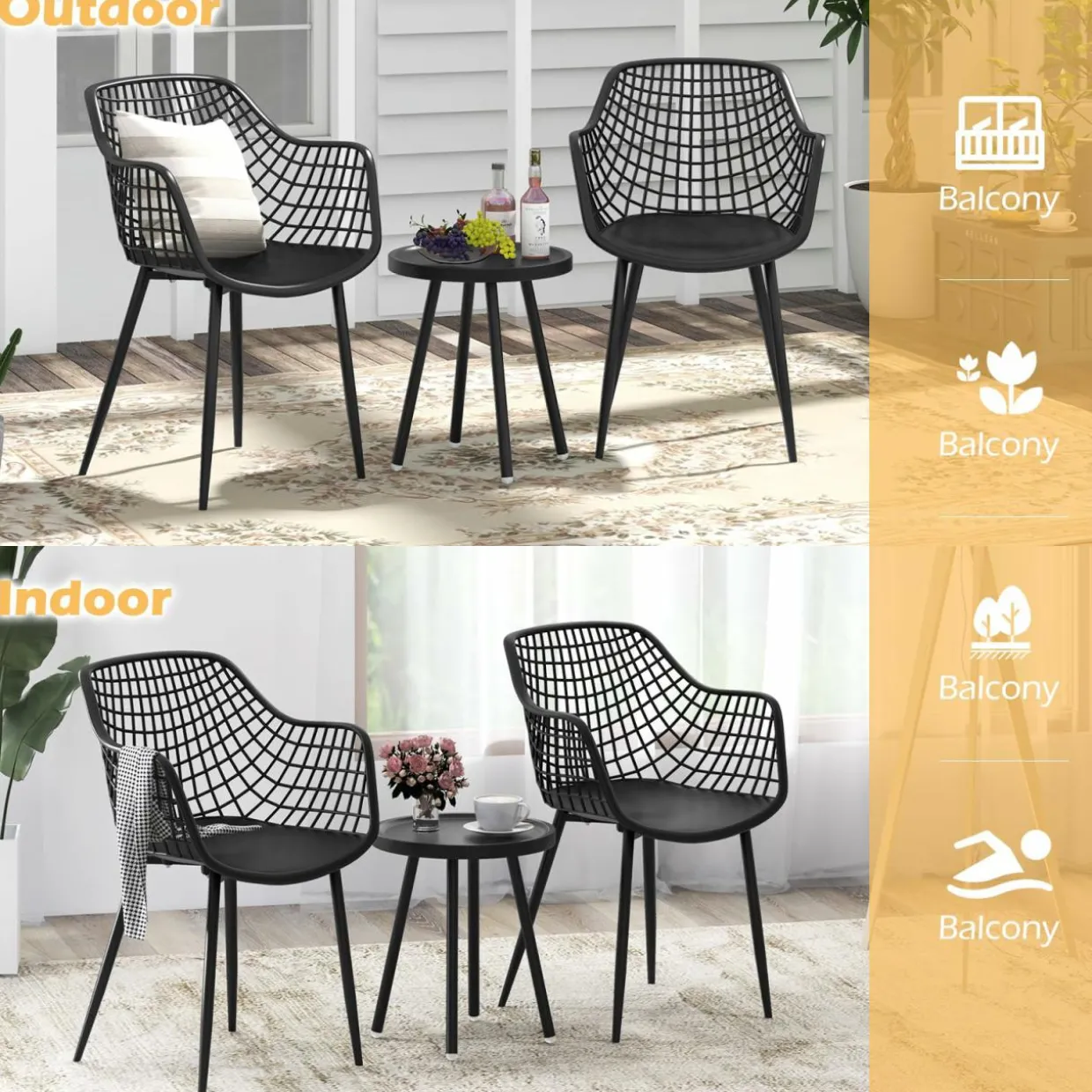 Tangkula 3 Piece Patio Bistro Set, All Weather Heavy Duty Table and Chairs Set of 2 with Widen Seats