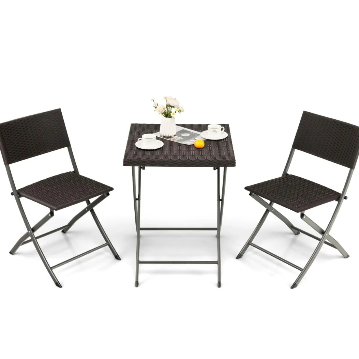 Tangkula 3 Piece Patio Bistro Set, Folding Wicker Chairs & Table Set