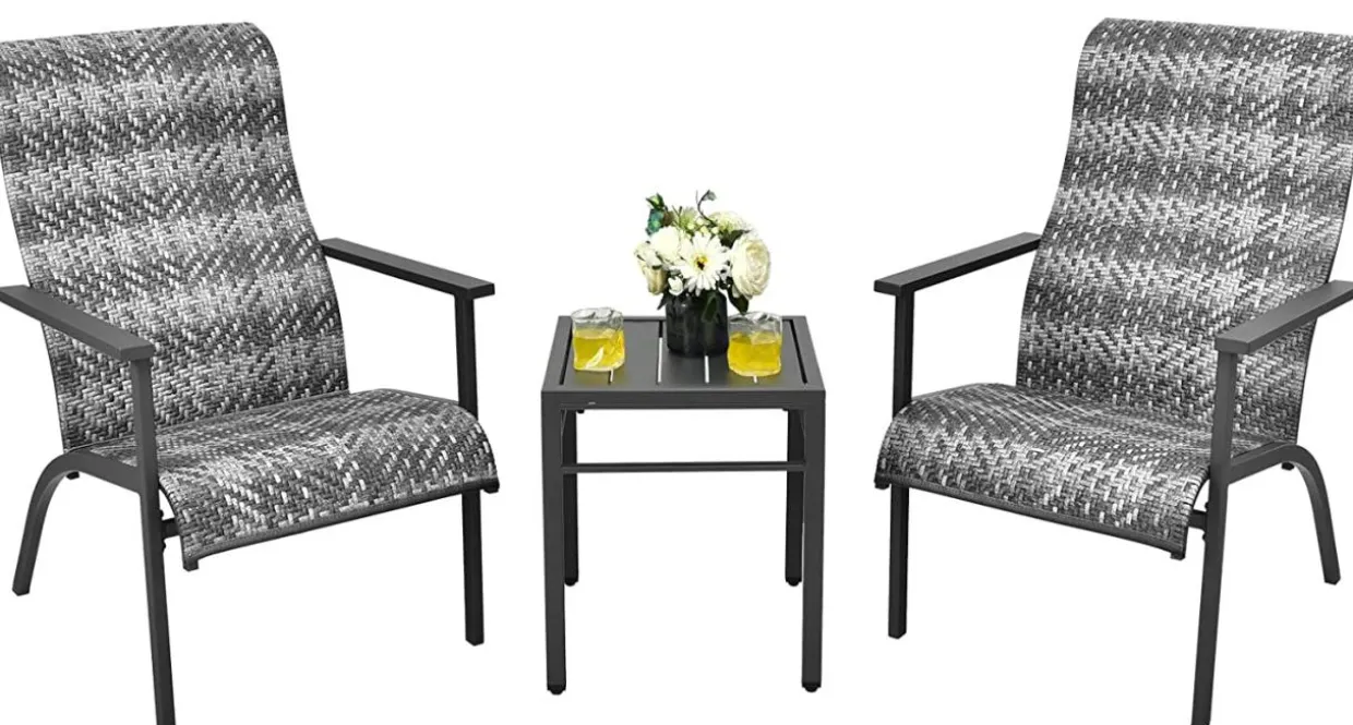Tangkula 3 Piece Patio Bistro Furniture Set, PE Rattan Chairs with Coffee Table