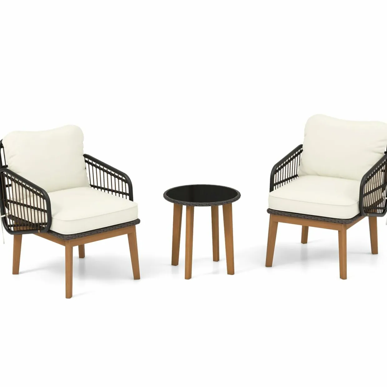 Tangkula 3 Piece Patio Chair Set, Wicker Chair & Side Table Set with Soft Cushions & Tempered Glass Tabletop