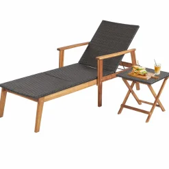 Tangkula 2 Piece Patio Chaise Lounge & Table Set, Outdoor Rattan Recliner