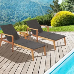 Tangkula 3 Piece Patio Chaise Lounge & Table Set, Outdoor Rattan Lounge Chair