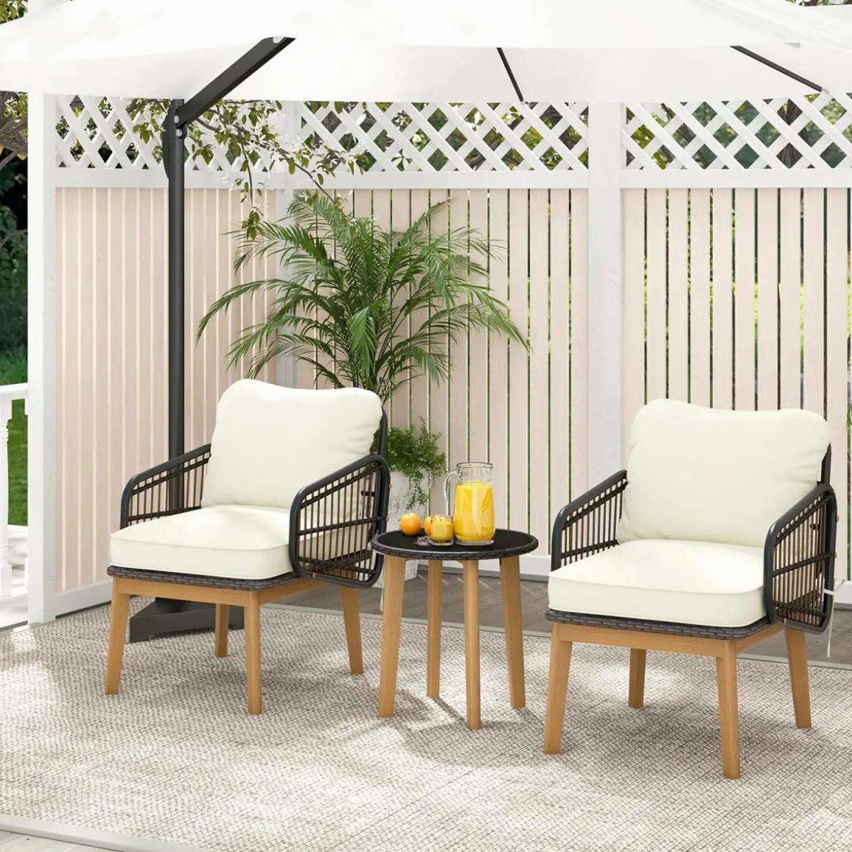 Tangkula 3 Piece Patio Chair Set, Wicker Chair & Side Table Set with Soft Cushions & Tempered Glass Tabletop