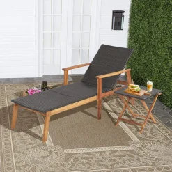 Tangkula 2 Piece Patio Chaise Lounge & Table Set, Outdoor Rattan Recliner