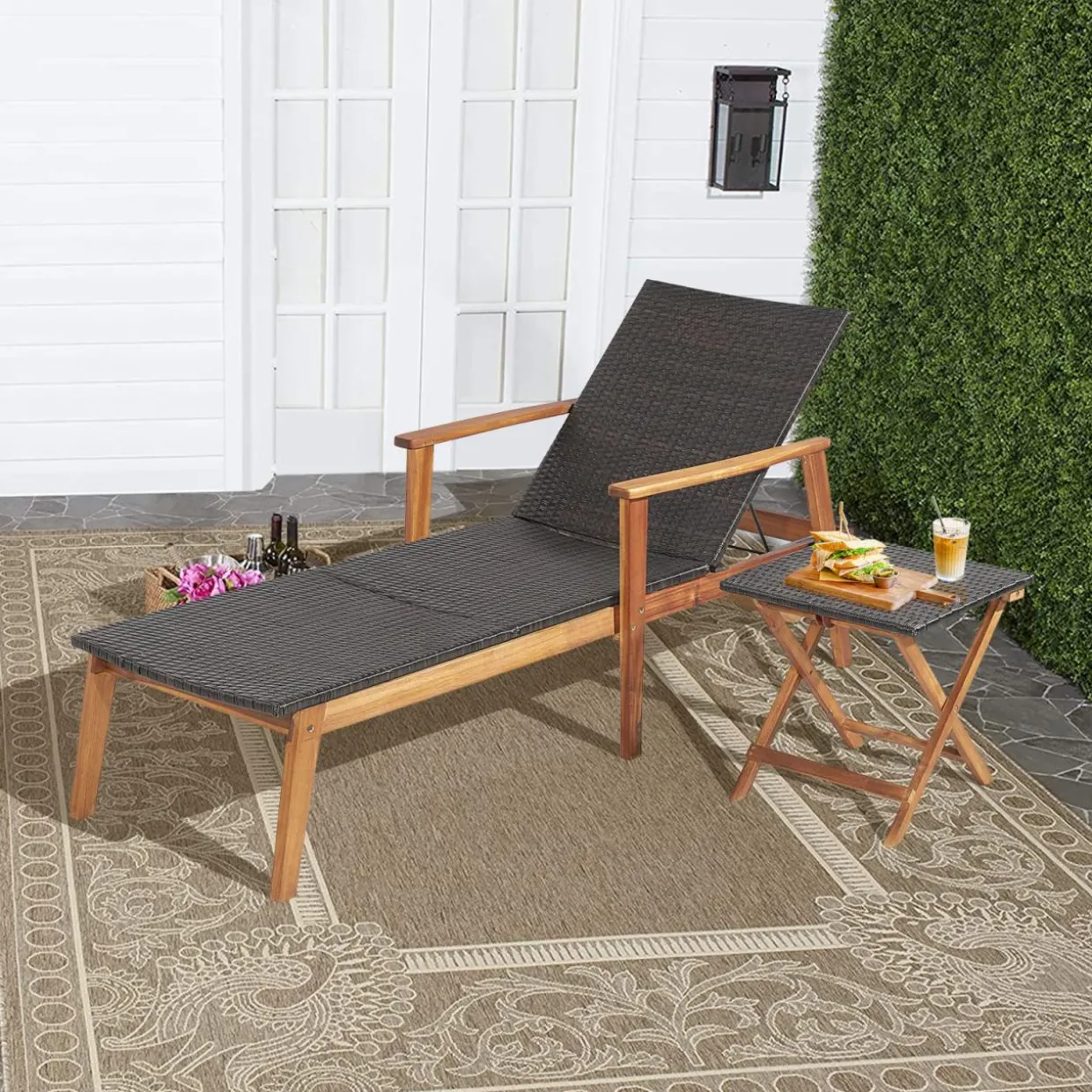Tangkula 2 Piece Patio Chaise Lounge & Table Set, Outdoor Rattan Recliner