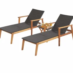 Tangkula 3 Piece Patio Chaise Lounge & Table Set, Outdoor Rattan Lounge Chair