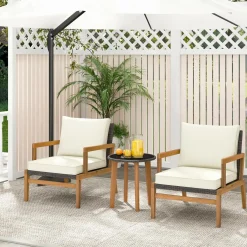 Tangkula 3 Piece Patio Chair Set, Wicker Chair & Side Table Set with Soft Cushions & Tempered Glass Tabletop