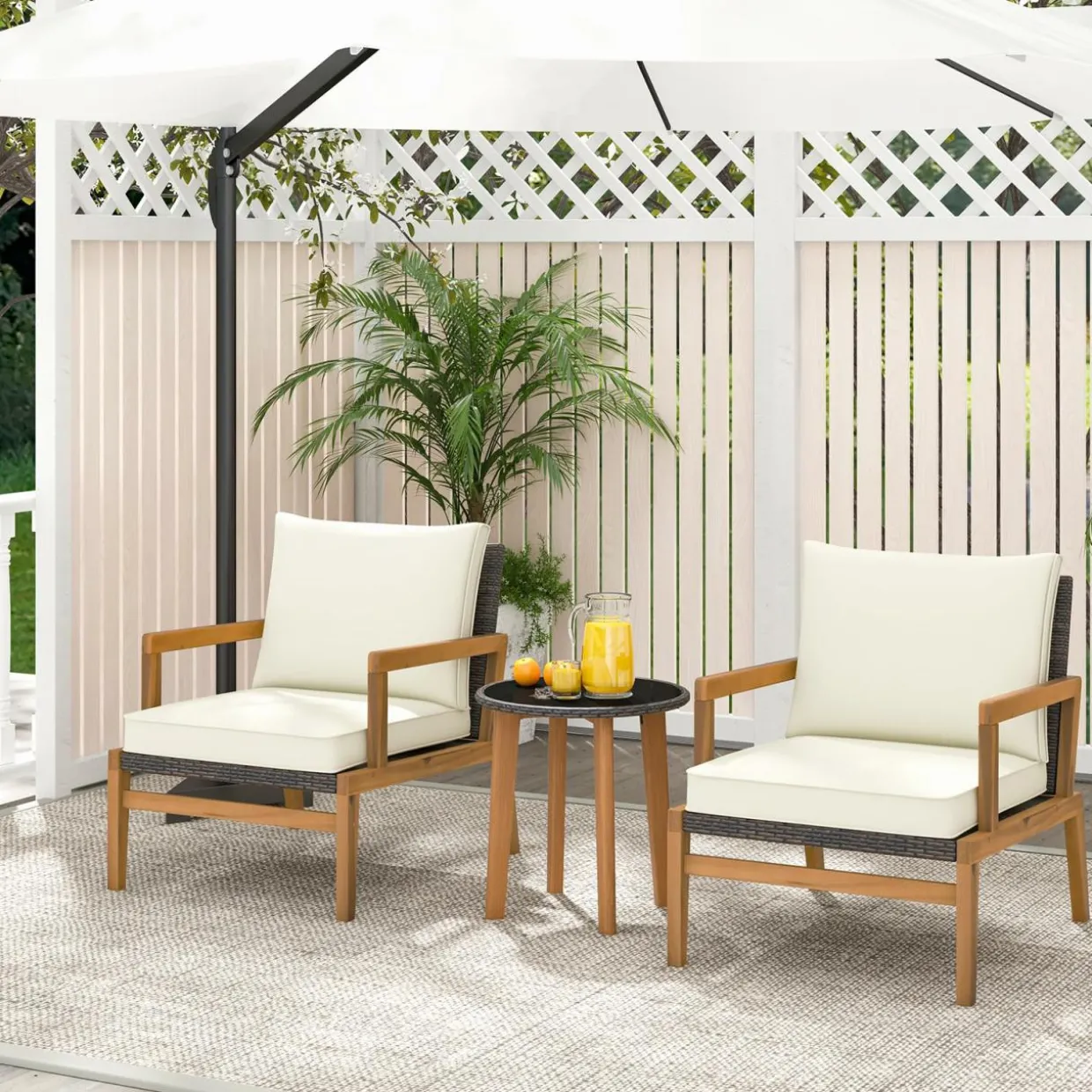 Tangkula 3 Piece Patio Chair Set, Wicker Chair & Side Table Set with Soft Cushions & Tempered Glass Tabletop