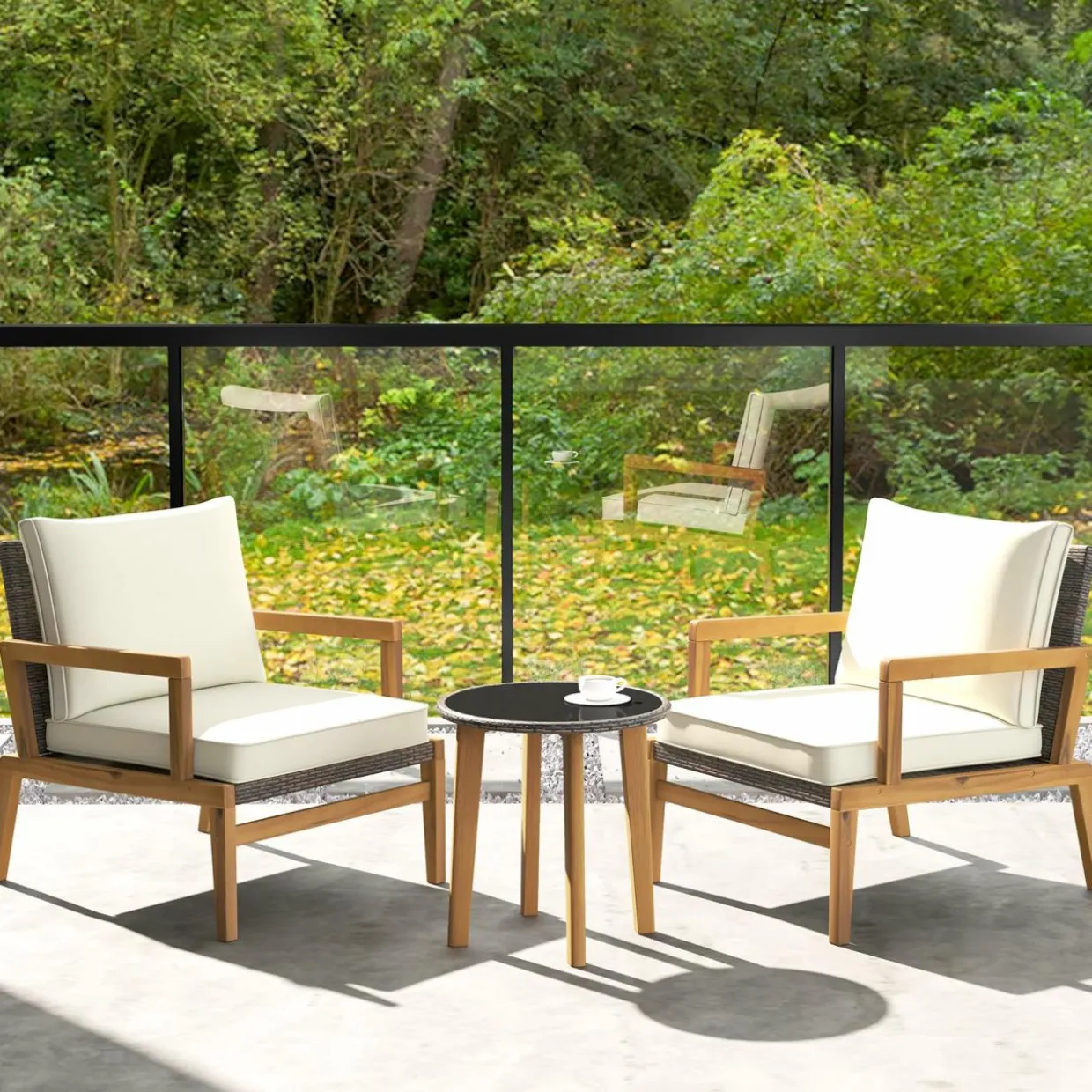 Tangkula 3 Piece Patio Chair Set, Wicker Chair & Side Table Set with Soft Cushions & Tempered Glass Tabletop