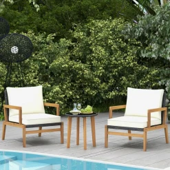 Tangkula 3 Piece Patio Chair Set, Wicker Chair & Side Table Set with Soft Cushions & Tempered Glass Tabletop