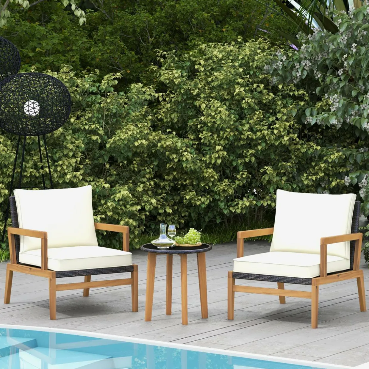 Tangkula 3 Piece Patio Chair Set, Wicker Chair & Side Table Set with Soft Cushions & Tempered Glass Tabletop