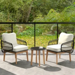 Tangkula 3 Piece Patio Chair Set, Wicker Chair & Side Table Set with Soft Cushions & Tempered Glass Tabletop