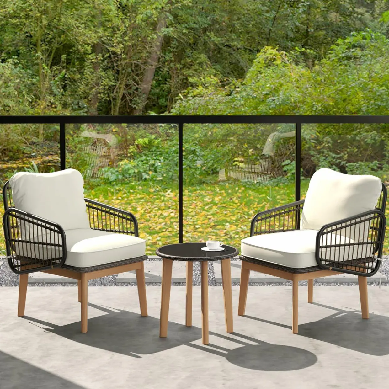 Tangkula 3 Piece Patio Chair Set, Wicker Chair & Side Table Set with Soft Cushions & Tempered Glass Tabletop