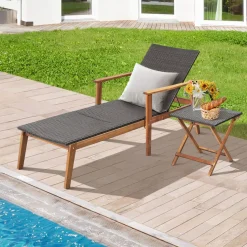 Tangkula 3 Piece Patio Chaise Lounge & Table Set, Outdoor Rattan Lounge Chair