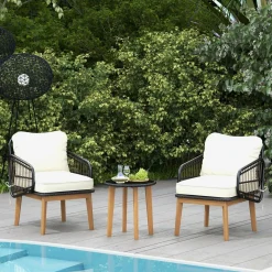 Tangkula 3 Piece Patio Chair Set, Wicker Chair & Side Table Set with Soft Cushions & Tempered Glass Tabletop
