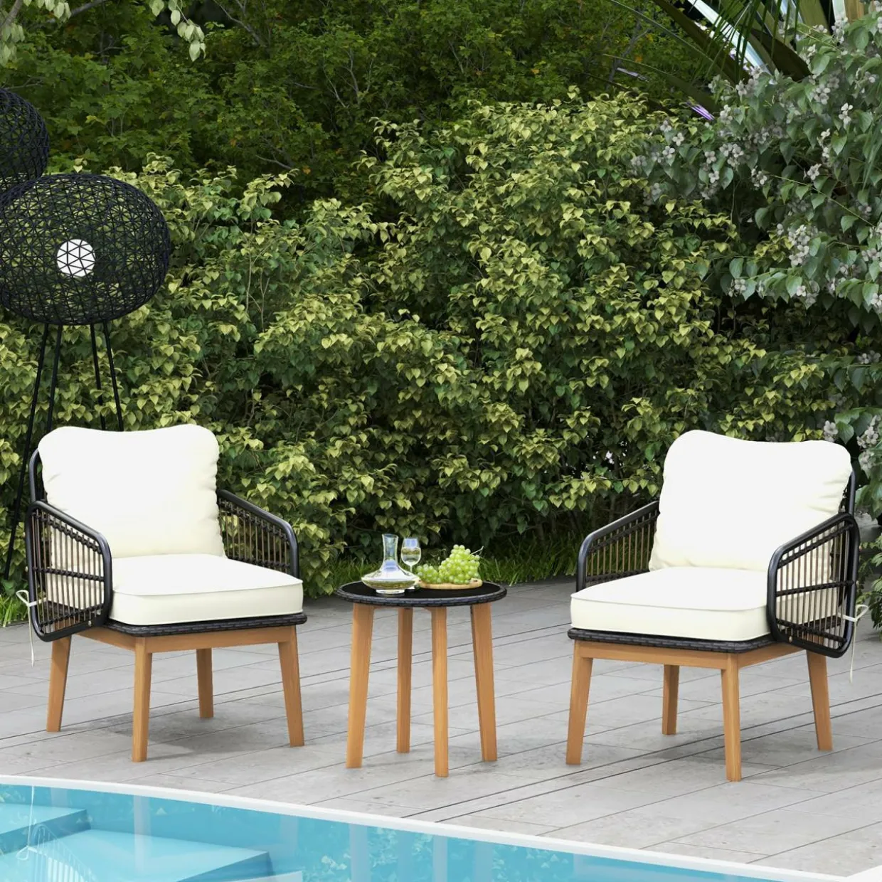 Tangkula 3 Piece Patio Chair Set, Wicker Chair & Side Table Set with Soft Cushions & Tempered Glass Tabletop