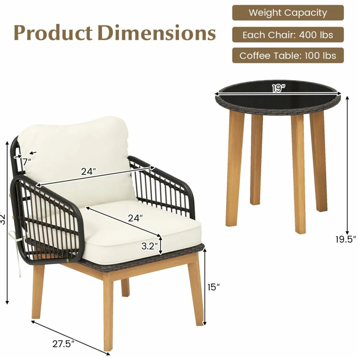 Tangkula 3 Piece Patio Chair Set, Wicker Chair & Side Table Set with Soft Cushions & Tempered Glass Tabletop