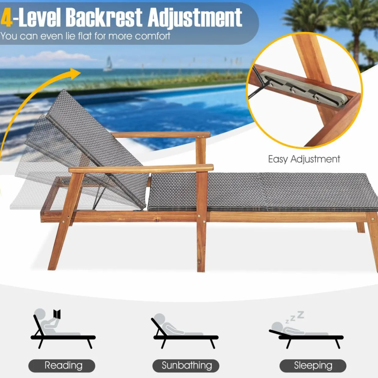 Tangkula 2 Piece Patio Chaise Lounge & Table Set, Outdoor Rattan Recliner
