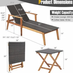 Tangkula 3 Piece Patio Chaise Lounge & Table Set, Outdoor Rattan Lounge Chair