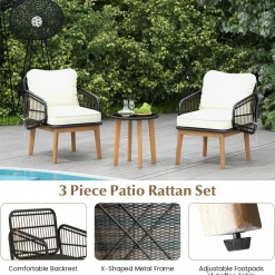 Tangkula 3 Piece Patio Chair Set, Wicker Chair & Side Table Set with Soft Cushions & Tempered Glass Tabletop